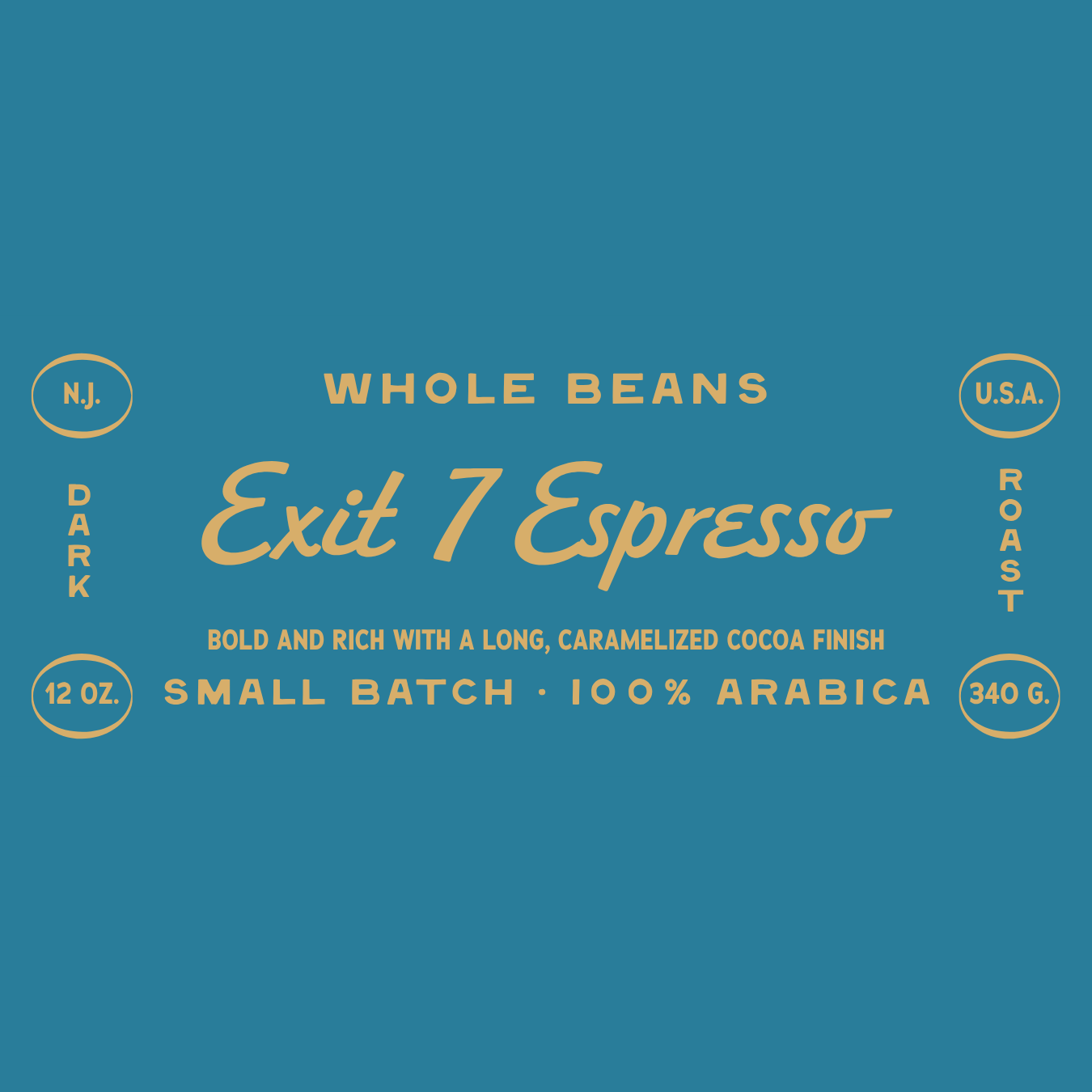 Label for Exit 7 Espresso whole beans on a blue background