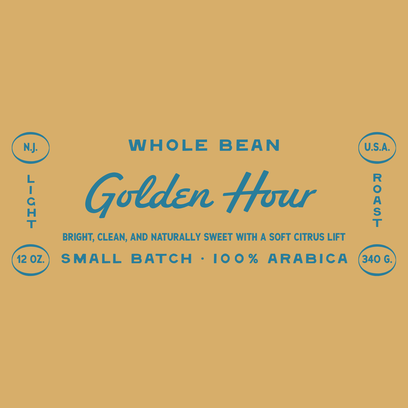 Label for Golden Hour whole bean coffee on a beige background