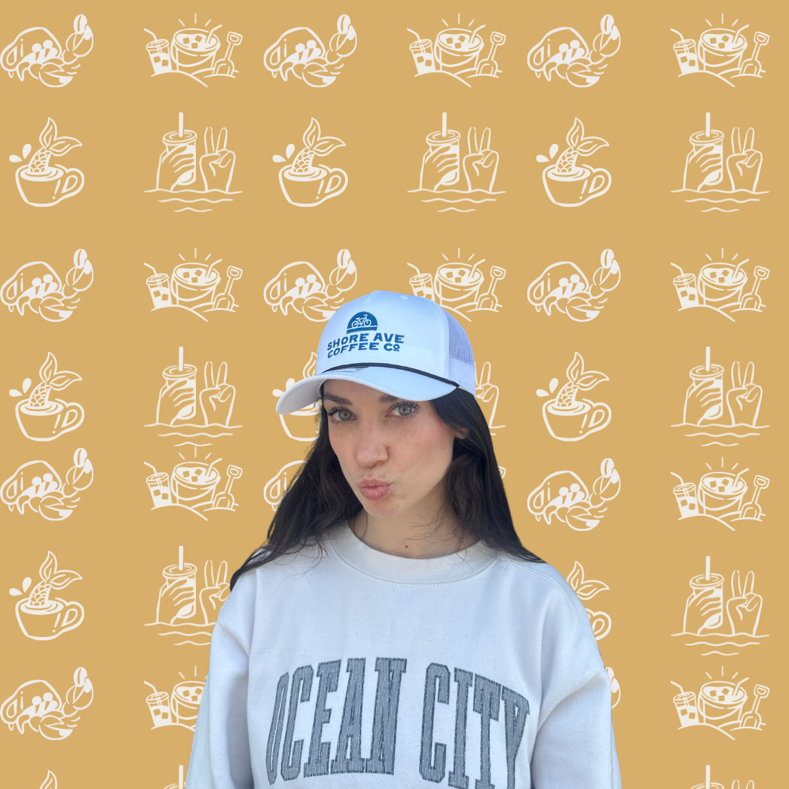 Shore ave white trucker hat on a girl