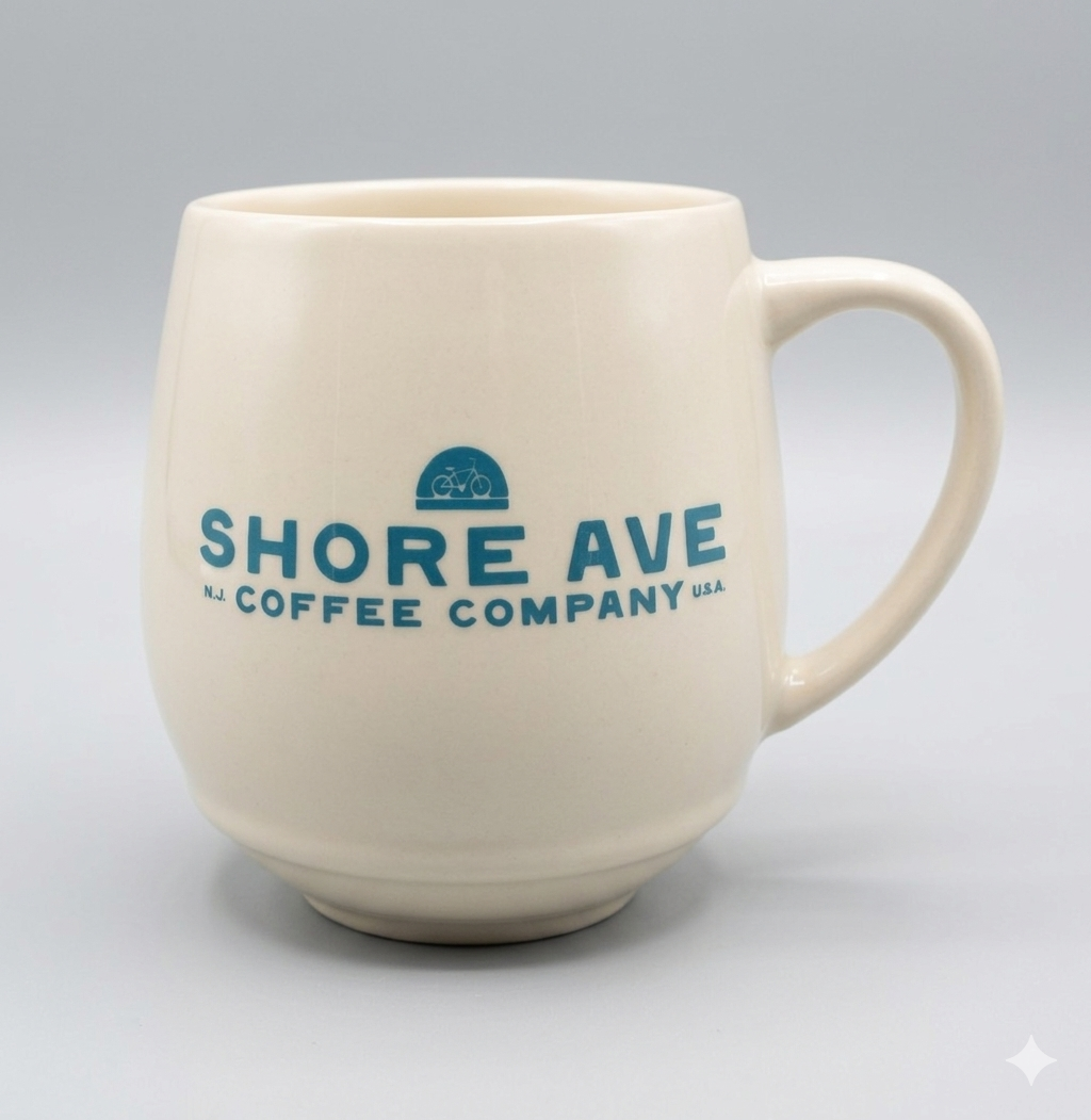 Shore Ave ceramic coffee mug with Shore Ave logo