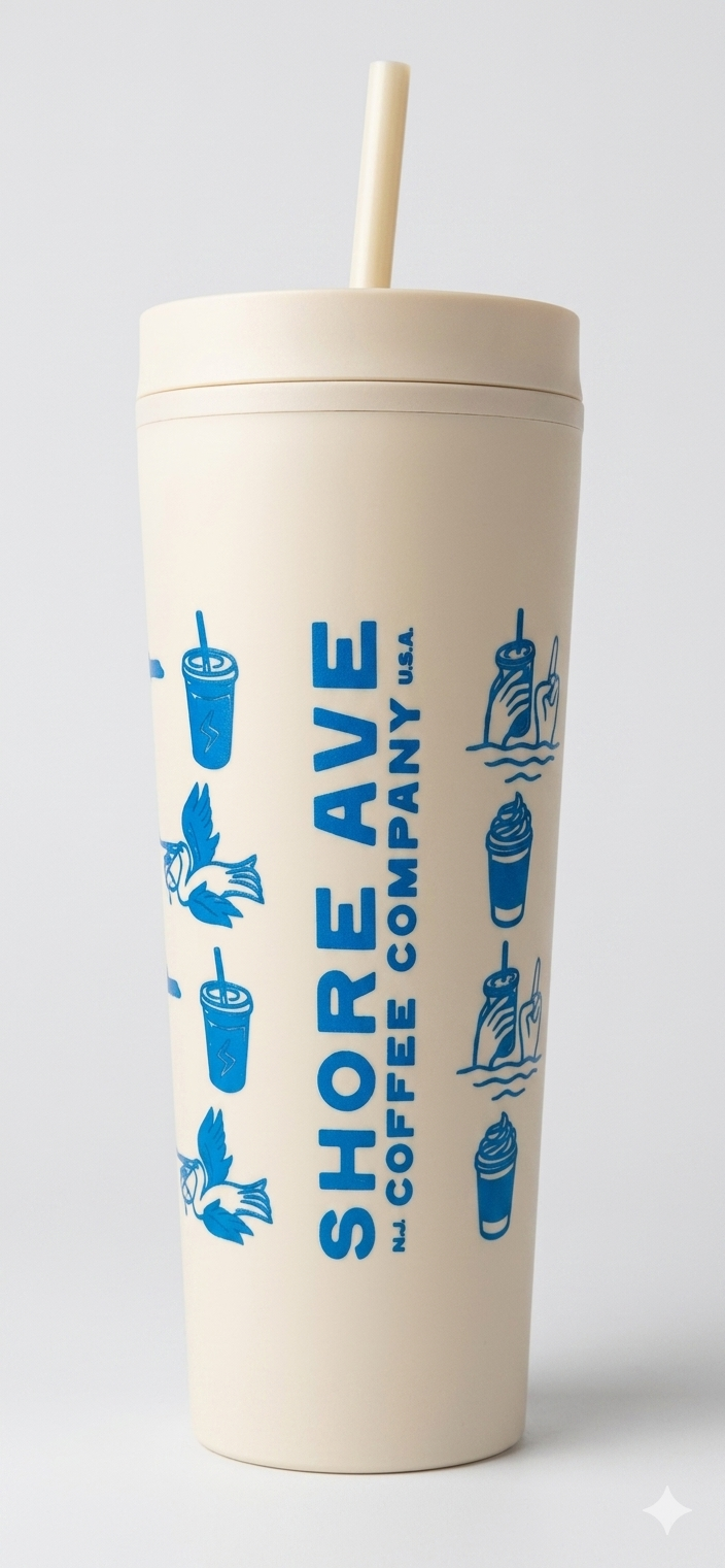 Shore Ave insulated tumbler, front view with Shore Ave logo