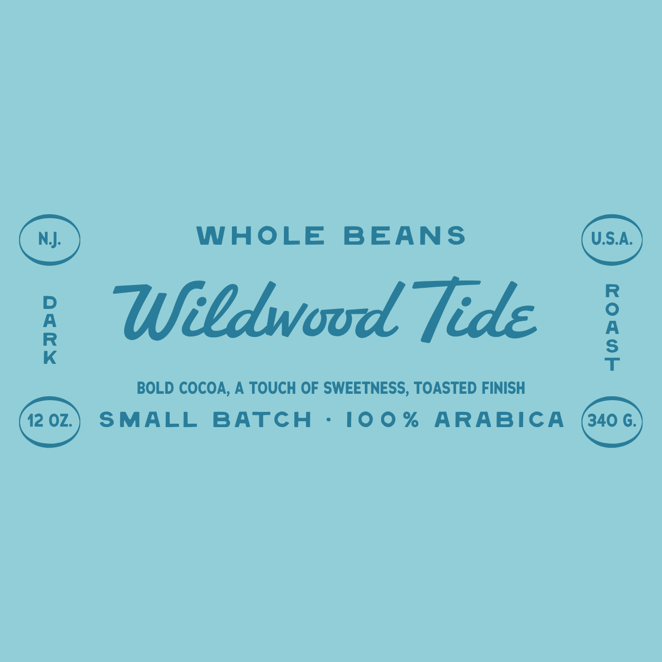 Wildwood Tide coffee label on a light blue background